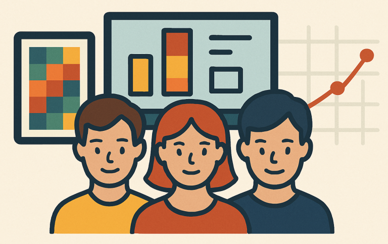 Illustration of three people in front of screens and diagrams.