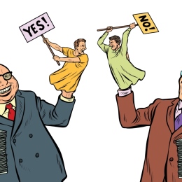 Two cartoon men in suits laughing. They have hand puppets with the signs 