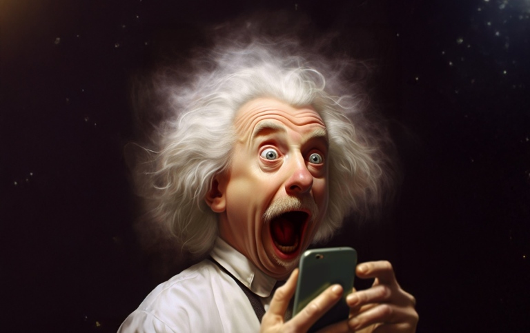 AI generated illustration of Einstein and a mobilphone