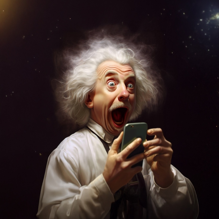 AI genererad illustration Einstein och mobiltelefon