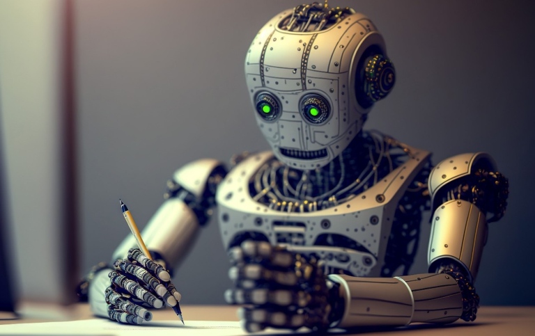 Robot skriver med penna på papper.
