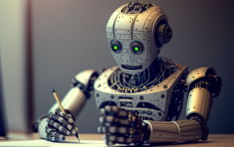 Robot writing with pencil on a piece of paper. Photo: Adobe Stock.