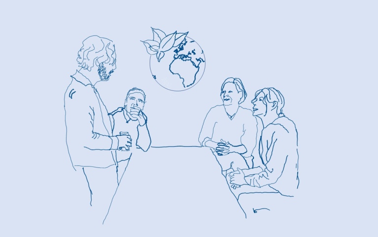 Illustration med personer som samtalar runt ett bord. Illustrationen är gjord av Klara B Laksov