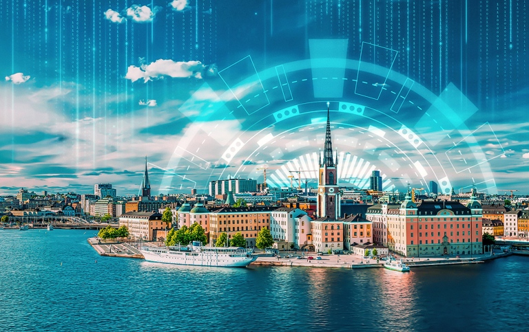 Illustration of a digital Stockholm, with buildings and water.