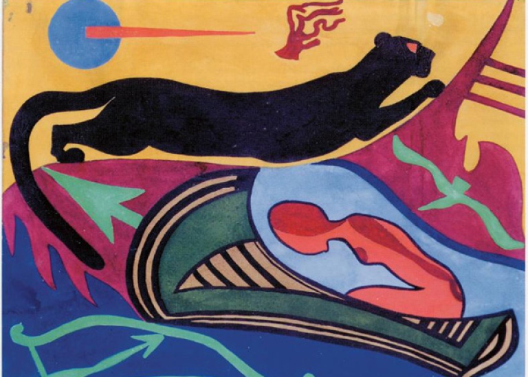 Painting of panther and female in modern style.