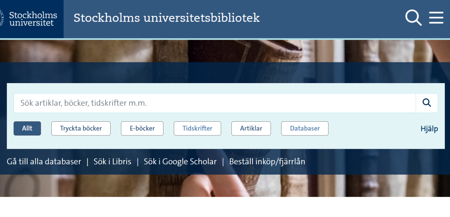 Sökrutan på Stockholms universitetsbiblioteks webbplats