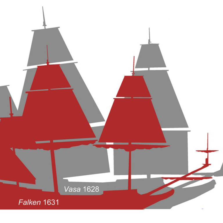 Konturen av Falken i rött framför Vasa i grått 