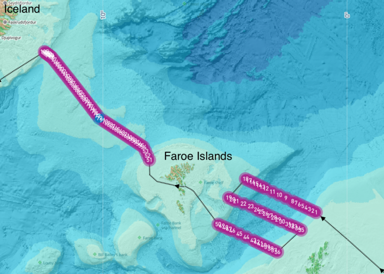 Karta över Atlanten med Island och Färöarna, med markeringar för mätningarna.