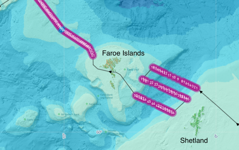 Karta över Atlanten med Island och Färöarna, med markeringar för mätningarna.