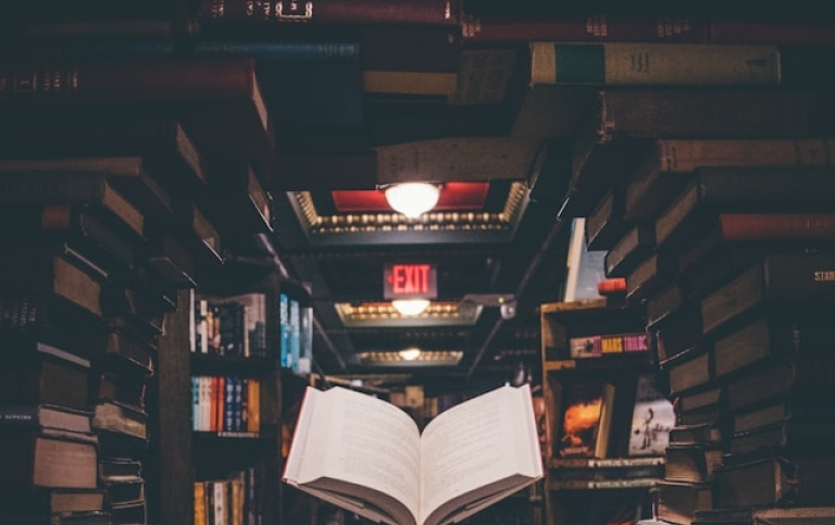 Books stacked in a circle, with a flying book in the centre
