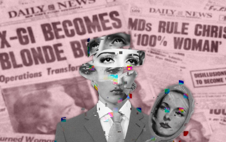 Collage with various black-and-white eyes/faces against a background of newspaper articles in pink.