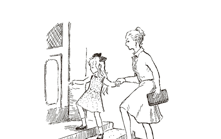 Illustration i äldre stil flicka och mamma hand i hand på väg uppför en trappa in i skolan.