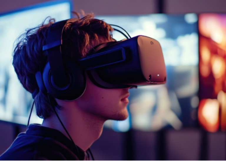 En man som har på sig VR-glasögon.
