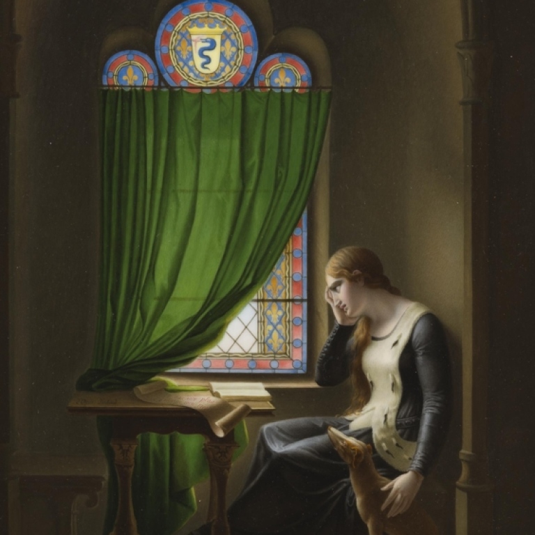Målning av kvinna som sitter vid ett fönster. Tavlan är från 1802.