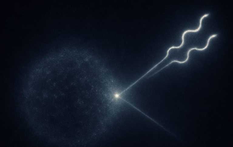 Artistic representation of a dark matter glueball and its feeble interaction with photons, represent