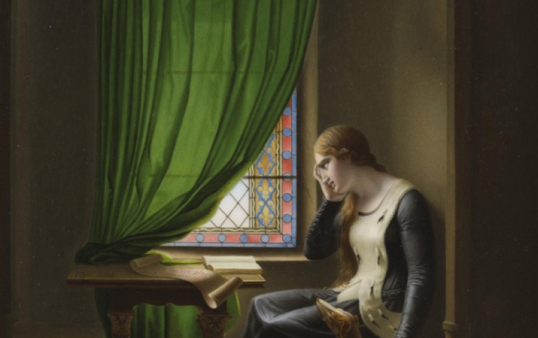 Painting of a woman sitting by a window. The painting is from 1802. 