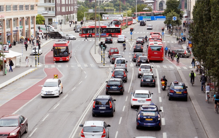 Traffic in Hornstull, Stockholm: cars, buses, bikes and pedestrians.