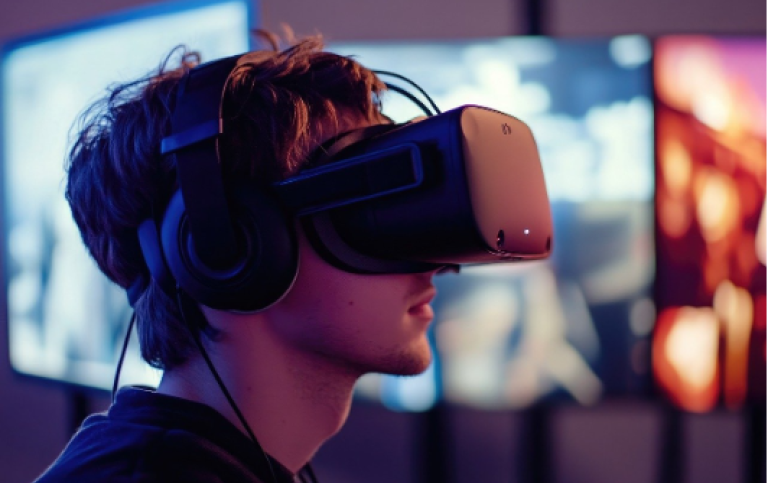 En man har på sig ett VR-headset.