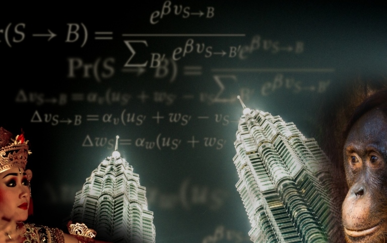 CKE profilbild: En kvinna och en apa, i bakgrunden matematiska uträkningar och byggnader.