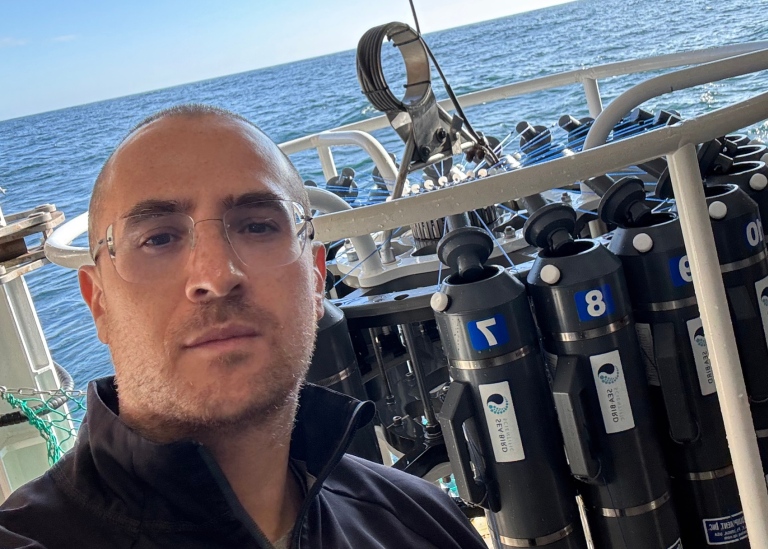 Researcher at ship on expedition