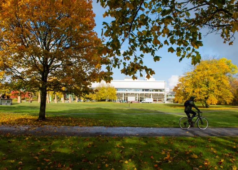 A person riding a bike on campus on an autumn's day.