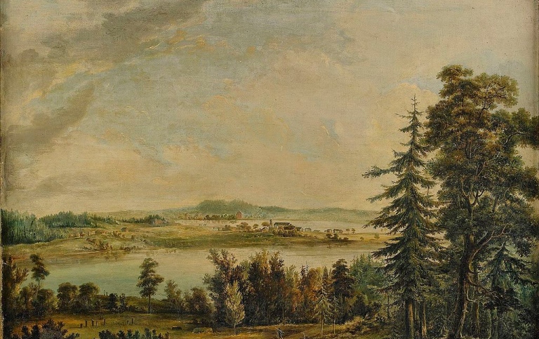 Utsikt mot Hallsnäs herrgård, Ramkvilla socken - Småland. Målning av Jonas Carl Linnerhielm, ca 1790
