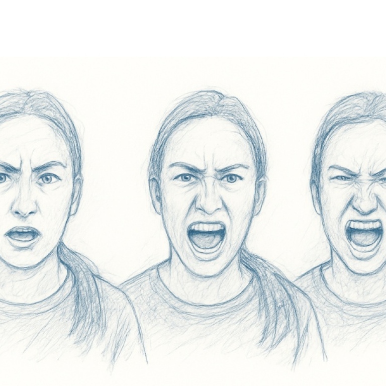 Drawing of one person with three different emotions.