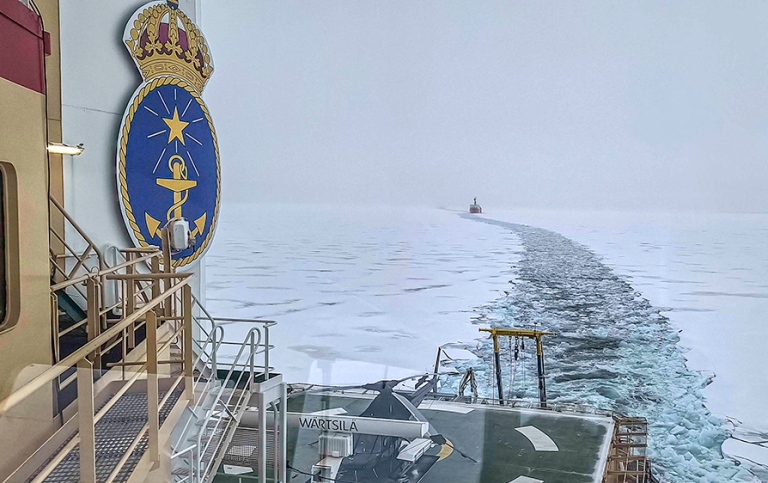 The stern deck of Oden, and St Laurent in the distance at the other end of the ice tunnel.