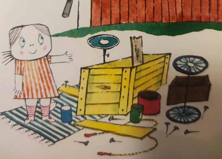 Teckning av flicka med en lådbil i bitar.