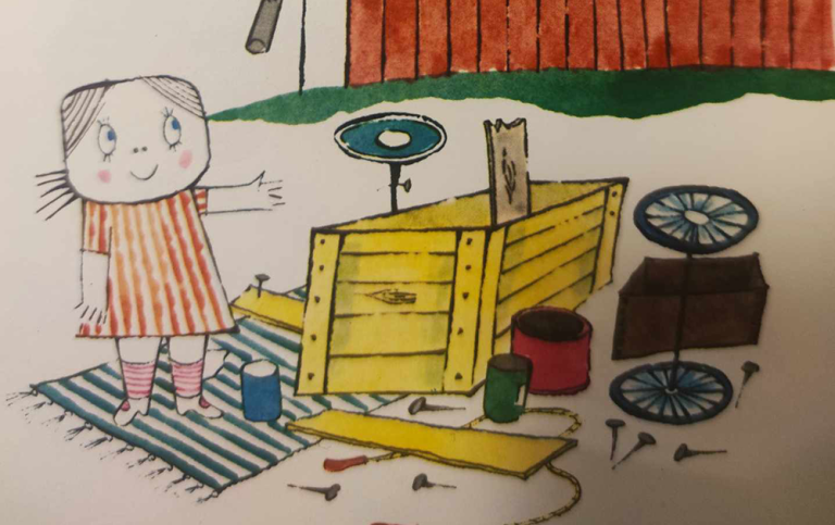  Teckning av flicka med en lådbil i bitar.
