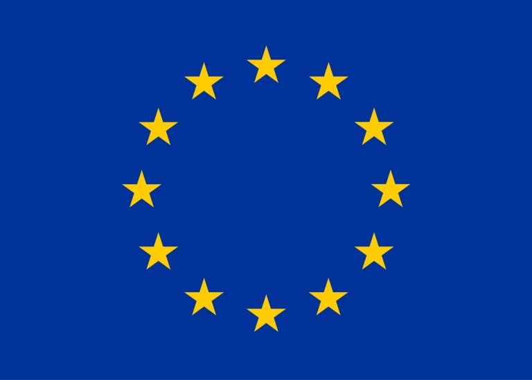 EU flag, yellow stars and blue background.