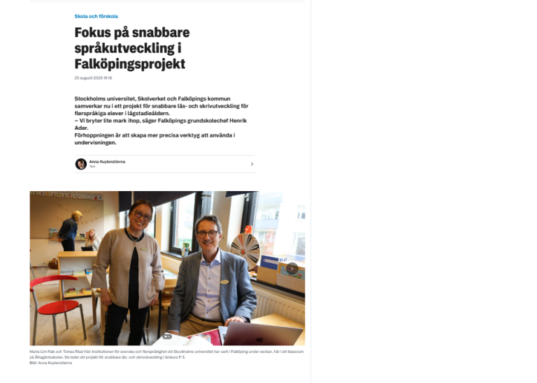 SKärmdump från Falköpingstidning med text och en bild på Maria och Tomas.