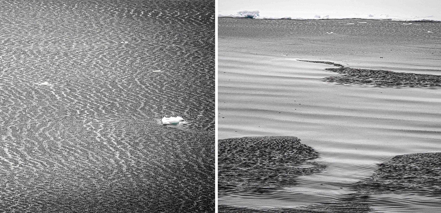 New ice crystals are forming in the open water.