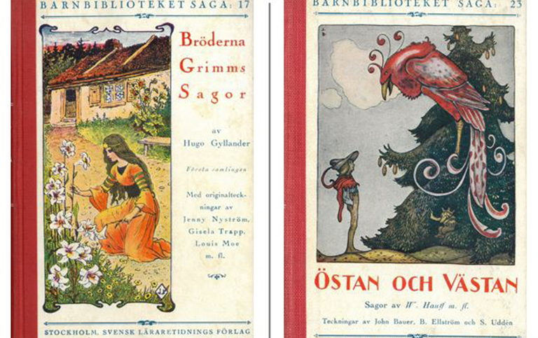 Två bokomslag från biblioteket Saga.