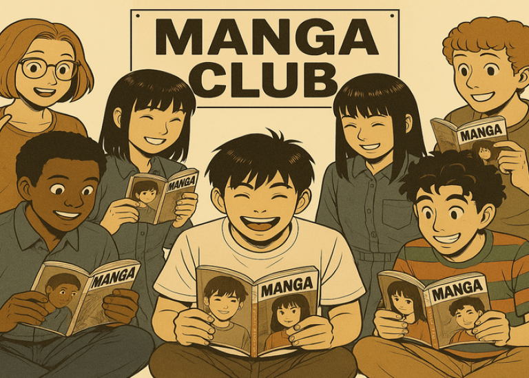 Cartoon students reading manga books