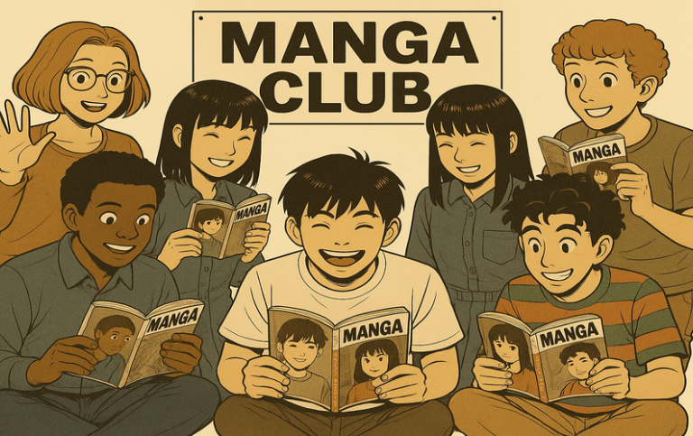 Cartoon students reading manga books.