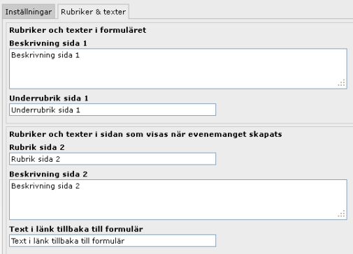 Rubriker och text evenemangsformulär