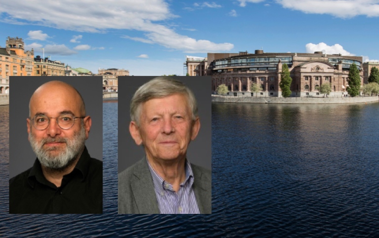 Porträtt på professorerna Felipe Estrada Dörner och Henrik Tham med ett foto av riksdagen bakom.