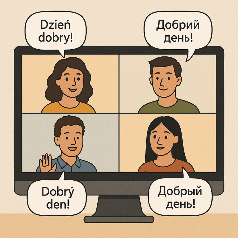 Four cartoon people speaking Slavic languages.