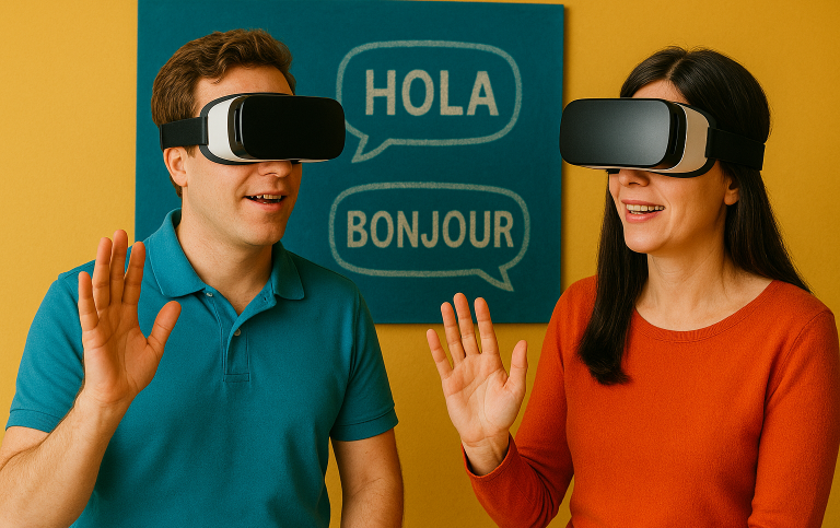 Two people wearing VR-headsets