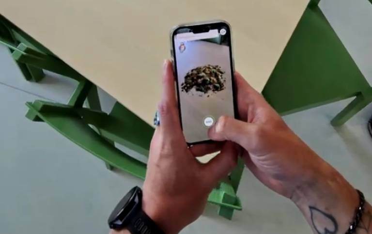 Händer som håller i en mobil där appen för studien är igång.