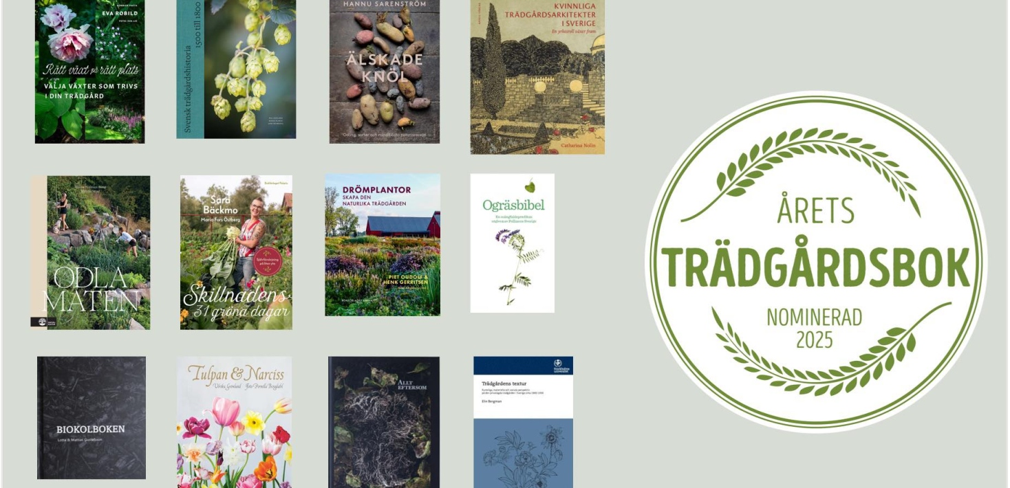 12 bokomslag och texten årets trädgårdsbok nominerad 2025.