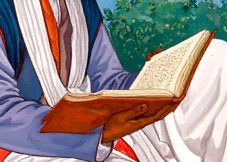 En tecknad man läser arabisk poesi.