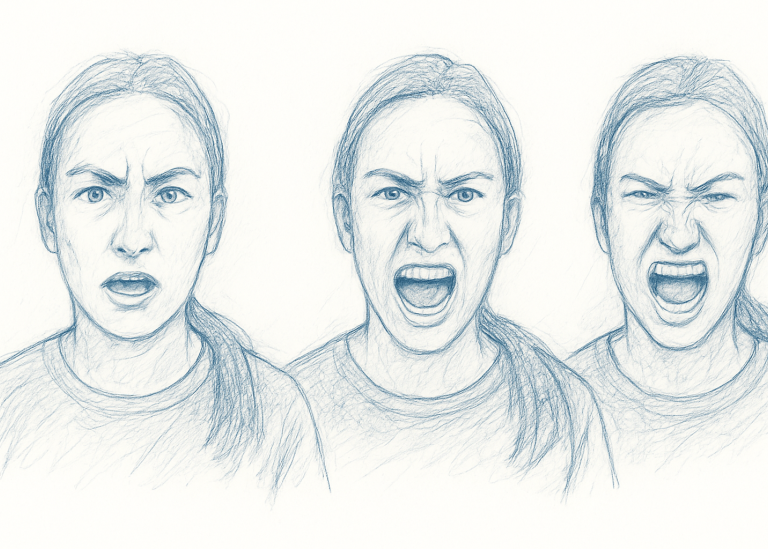 Illustration: Tre tecknade kvinnoansikten med tre olika ansiktsuttryck.