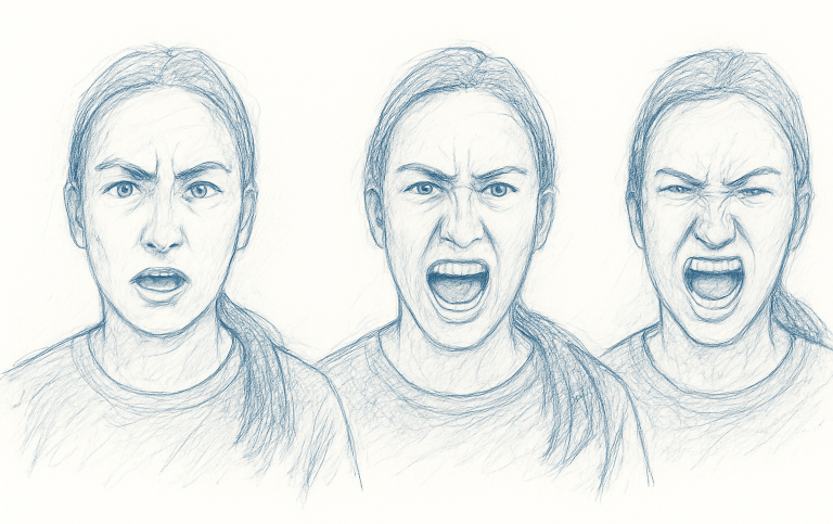 Illustration: Tre tecknade kvinnoansikten med tre olika ansiktsuttryck.