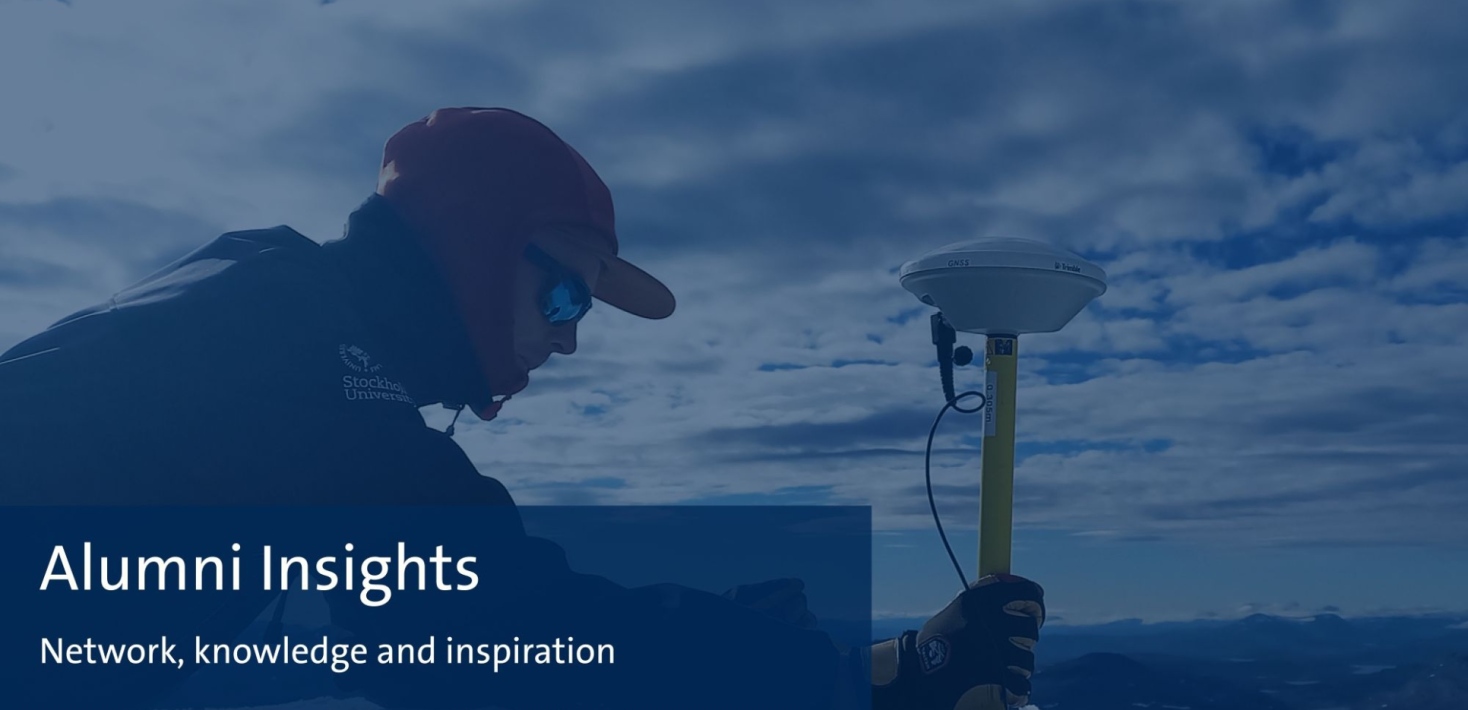 Person from Stockholm University using GNSS equipment on a snowy mountain under a cloudy sky.