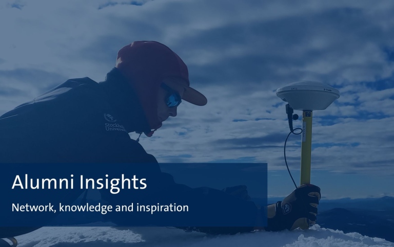 Person from Stockholm University using GNSS equipment on a snowy mountain under a cloudy sky.