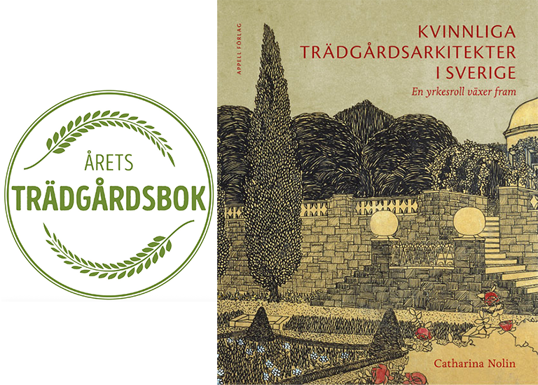 Logotyp Årets trädgårdsbok bredvid omslaget till boken Kvinnliga trädgårdsarkitekter i Sverige.