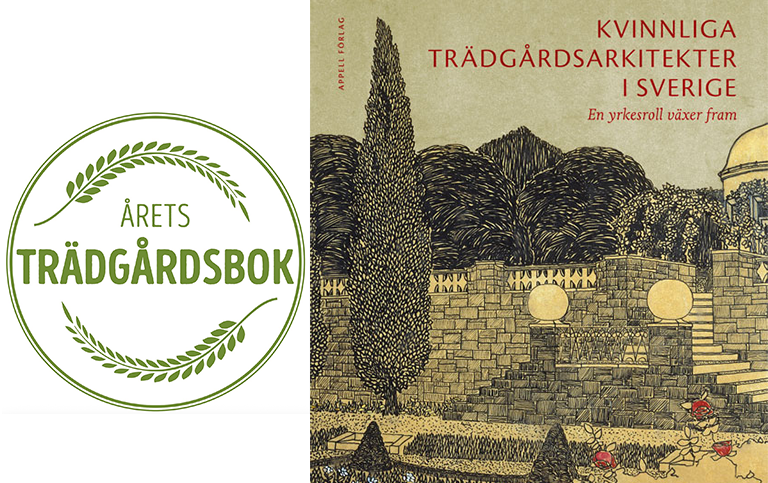 Logotyp Årets trädgårdsbok bredvid omslaget till boken Kvinnliga trädgårdsarkitekter i Sverige.