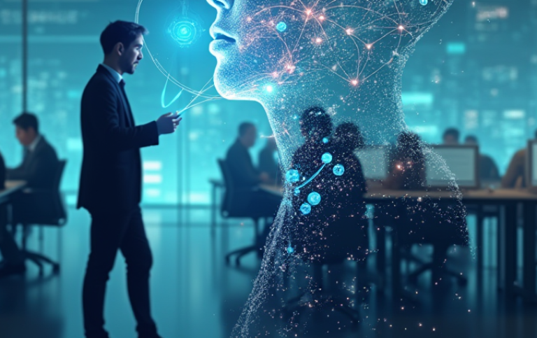 silhouette of a leader with an AI vision over his head